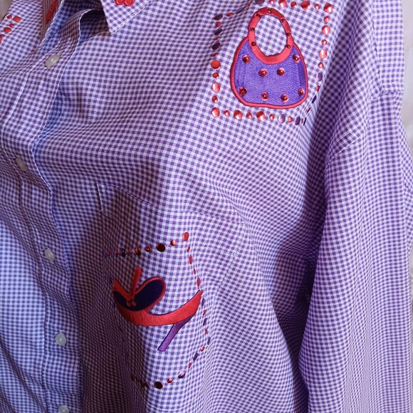 XXL Vintage 1990s Womens Sequin Top NEW P.G.B. Purple Checker Blouse Shirt XXL - Picture 4 of 6